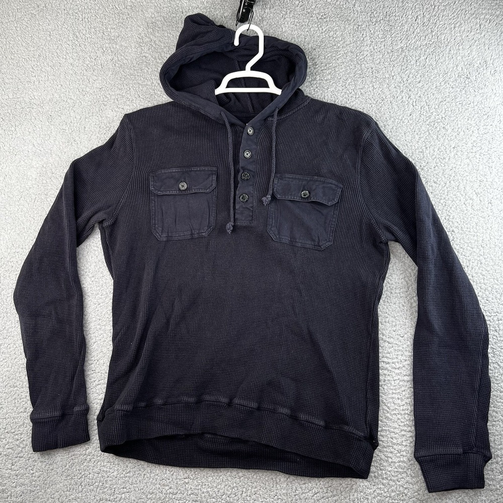 Michael Kors Mens Henley Shirt Blue Navy Long Sleeve Hooded Pockets Thermal L